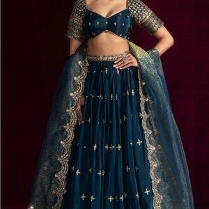 Teal Green Embroidered Crepe Lehenga from Lashkaraa